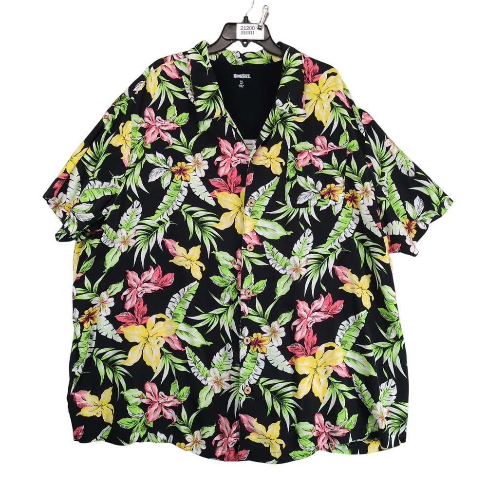 KingSize Hawaiian Aloha Button Up Shirt Men's 3XL Tropical Floral on Black Rayon